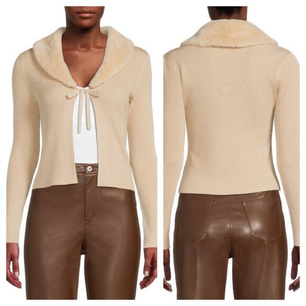 NWT NOBO No Boundaries Juniors' Faux Fur Collar Cardigan Sweater M Cafe Au Lait
